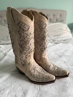 Women's Cream Embellished Over-the-Knee Western Corral Boots